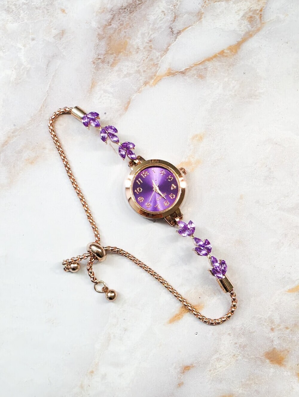 Elegant Purple Crystal Leaf Accent Watch Rose Gold Tone Adjustable Bolo Strap